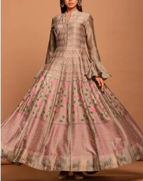 Steel Grey Vasansi Silk Printed Anarkali Gown